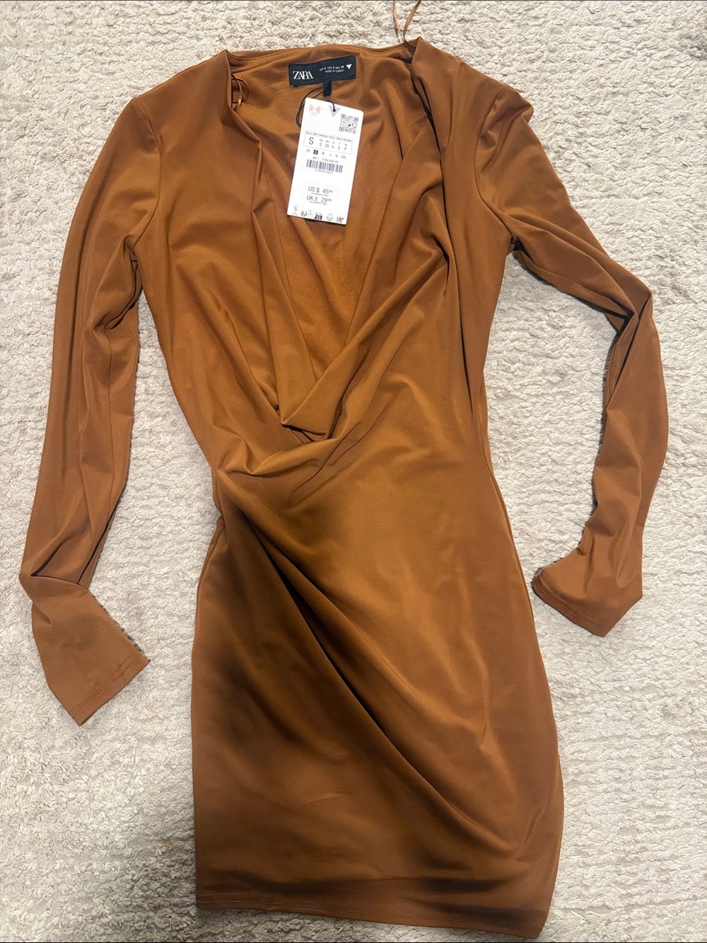 Zara Caramel Brown Long-Sleeve Drape Front Dress